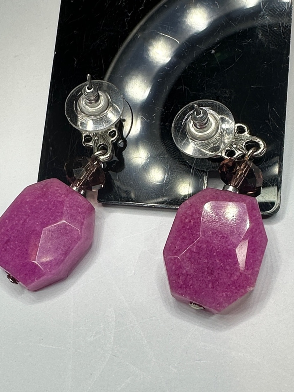 Pink Jade Gemstone Drop Post Back Earrings - Picture 4 of 10